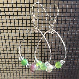 Handmade silver teardrop earrings w/ rose beads